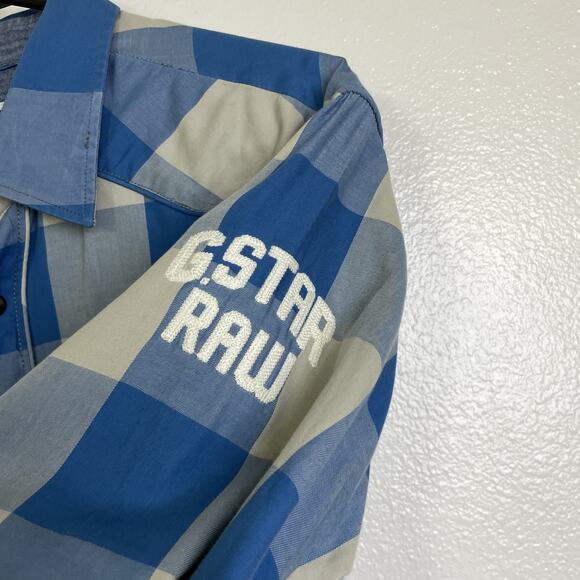 G-Star RAW Shirt Mens XL Blue Gray Plaid Button Up Western Pearl Snap Denim - Picture 7 of 12